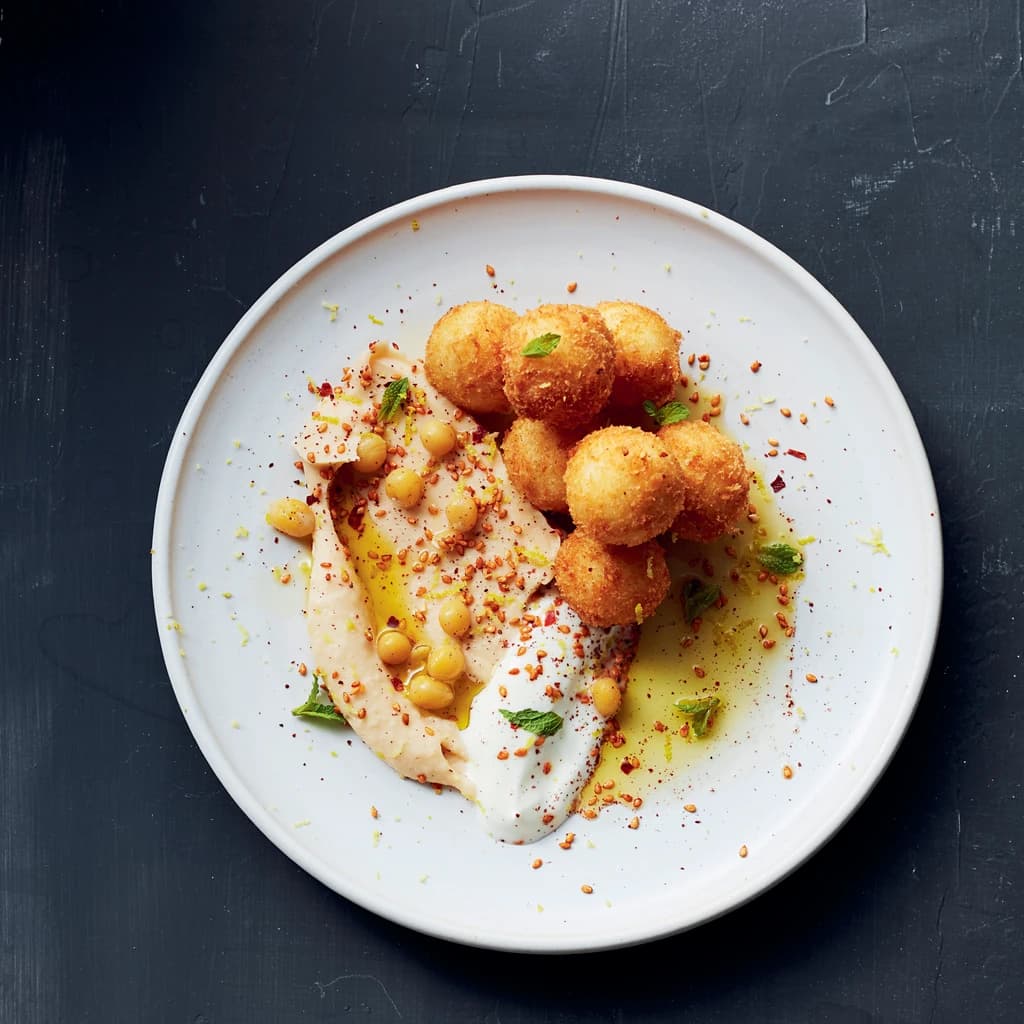 Friterad labne med hummus på gula ärtor