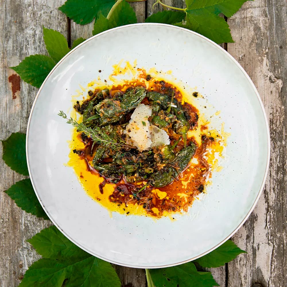 Padrones med spräckt kalvsky, tryffel och parmesan