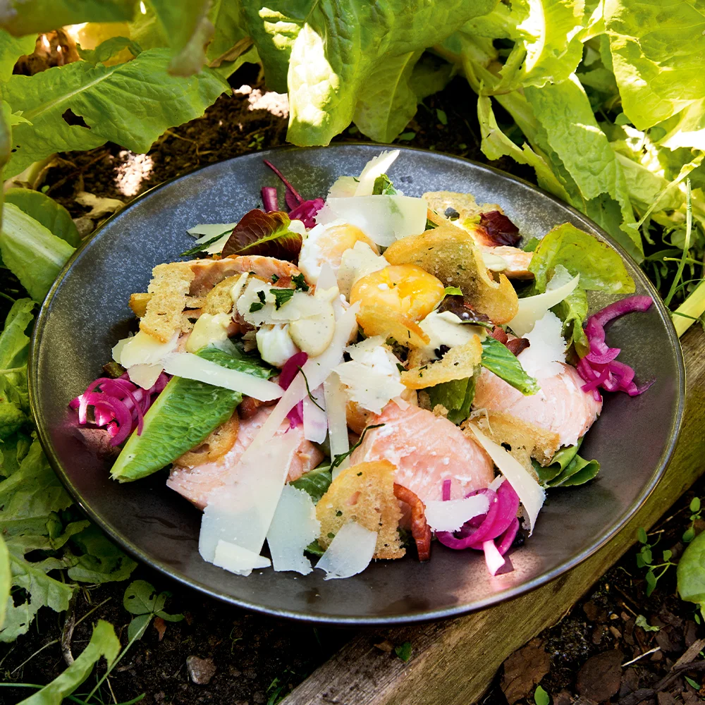 Caesarsallad med Hemrökt Lax, Sidfläsk och Pocherat Ägg by Sebastian Mannerström