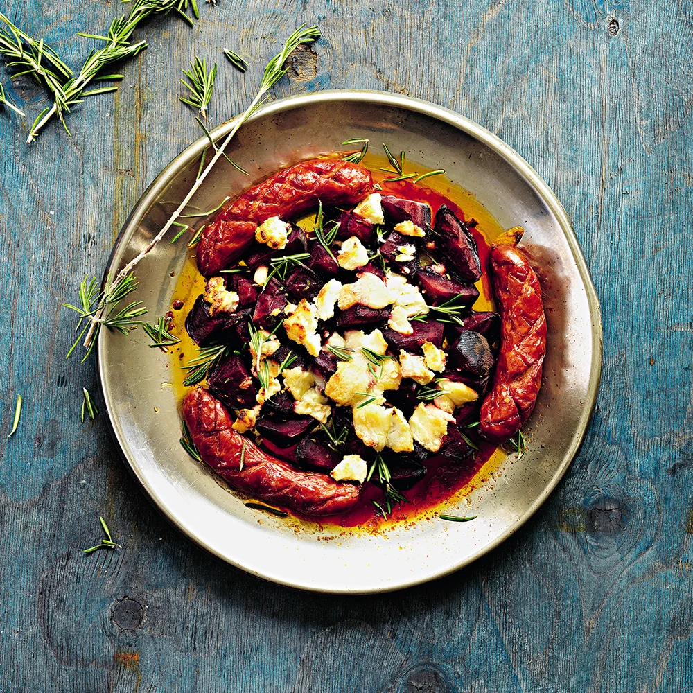 Chorizo med bakade rödbetor och chèvre
